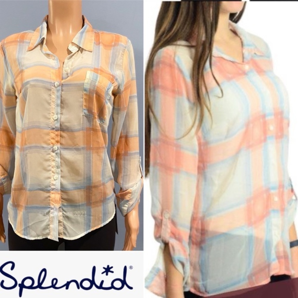 Splendid Beachy Plaid Sheer Chiffon Blouse Medium $98